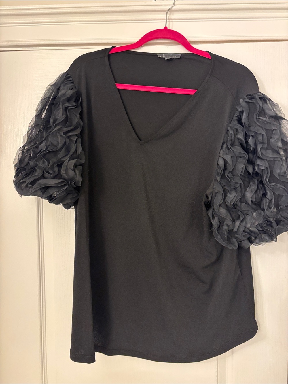 Adrianna Papell Black V-Neck Top with Ruffled Organza Puff Sleeves